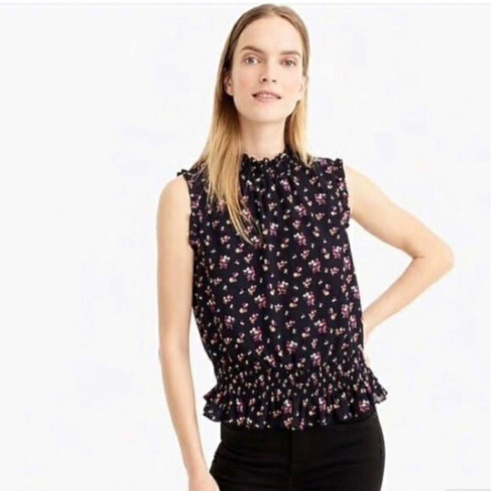 J. Crew Smocked ditzy Floral Sleeveless Ruffle Navy Blue Pink Top Women’s Size 6
